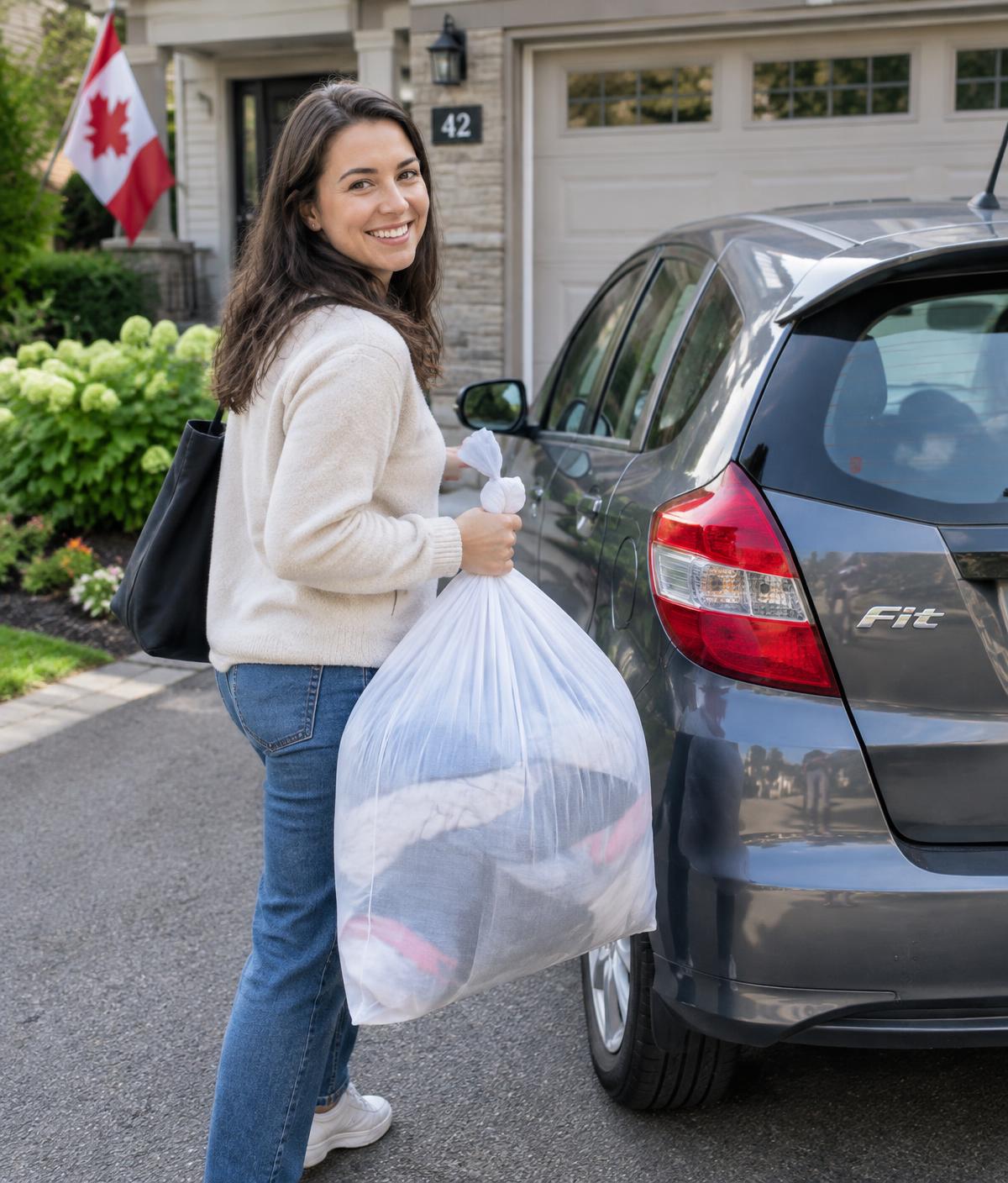 Contractor carrying a laundry bag to her car