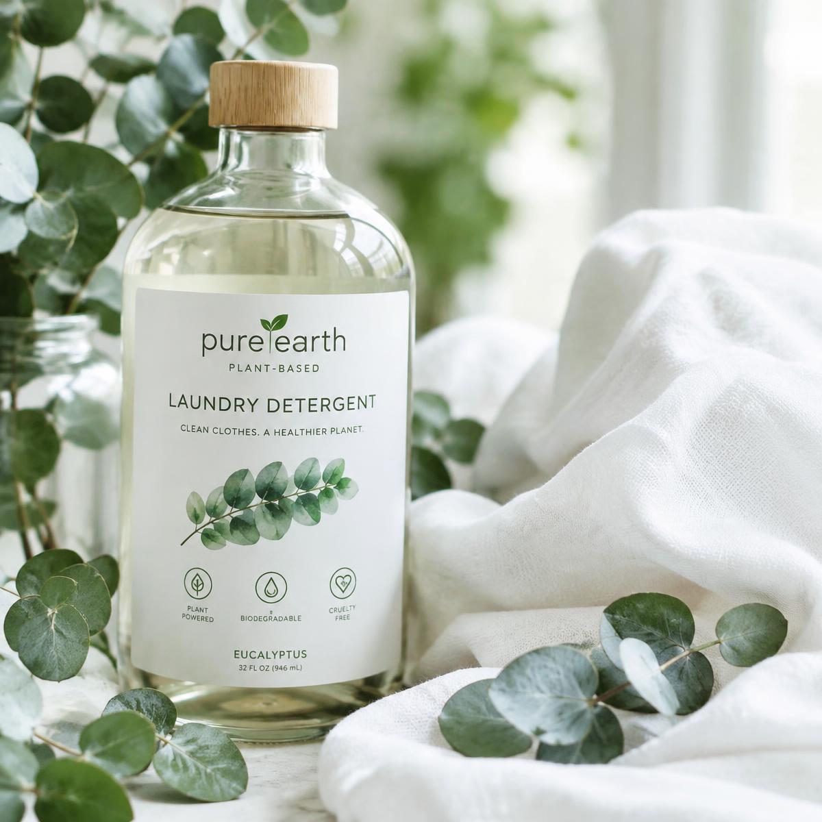 Plant-based laundry detergent with eucalyptus and white cotton